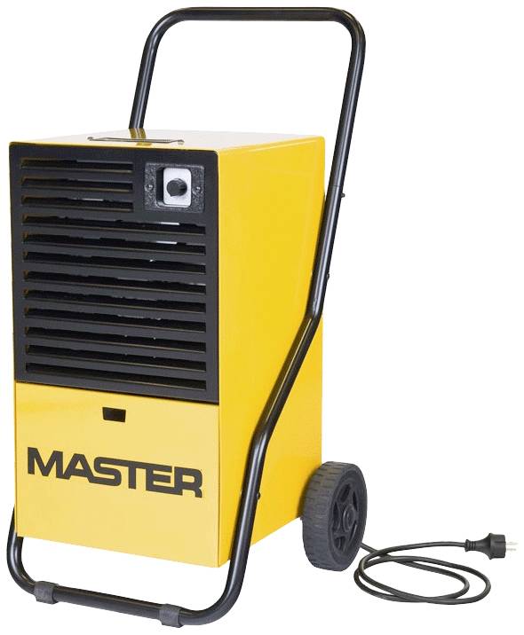 Gele luchtontvochtigaar op wielen met zwarte handgreep en netsnoer. Voorzijde heeft een ventilatierooster en het woord 'MASTER'.