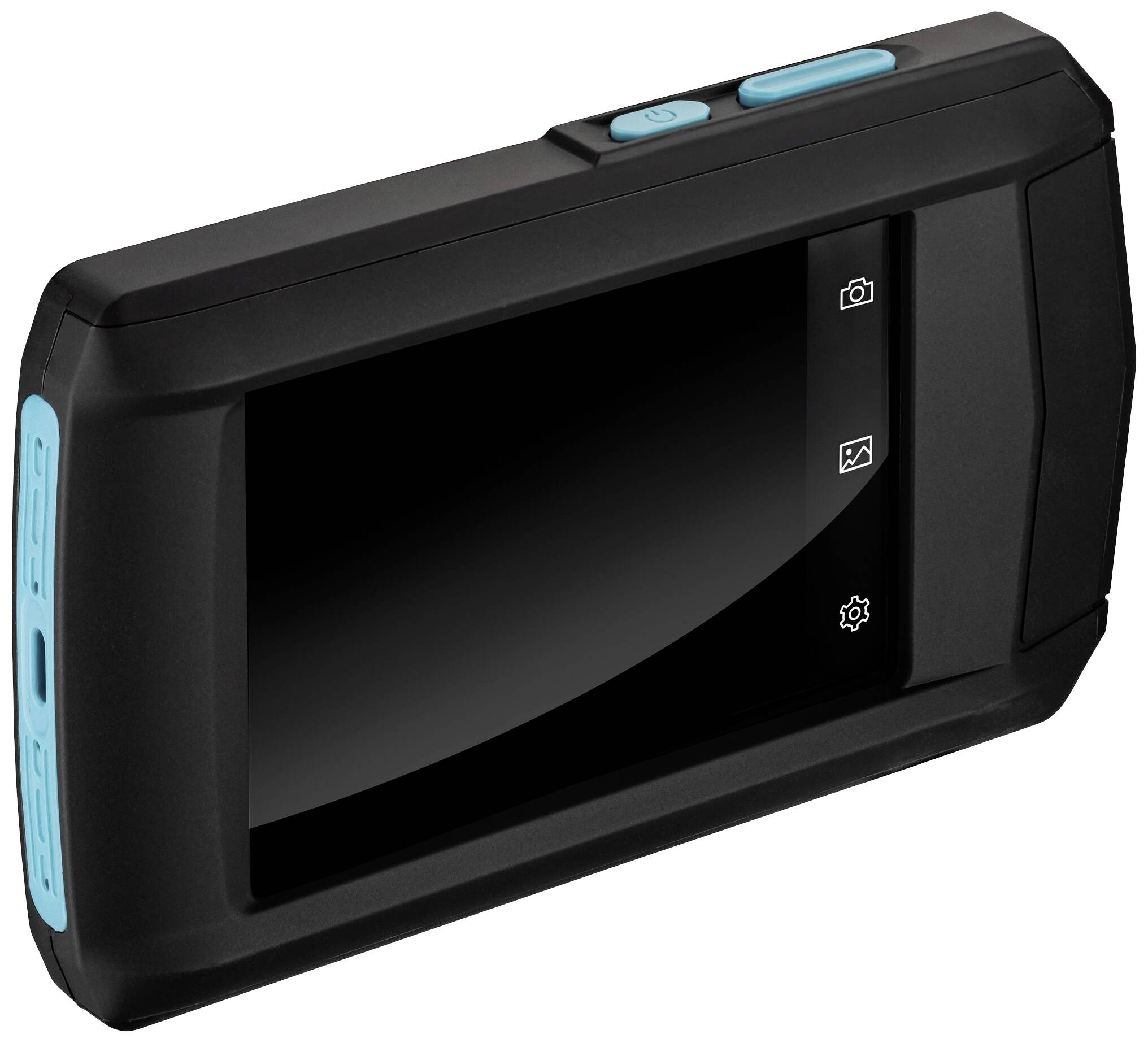 Zwart, rechthoekig apparaat met display en blauwe toetsen; vertoont symbolen voor camera en instellingen; vermoedelijk een camera of meetinstrument.