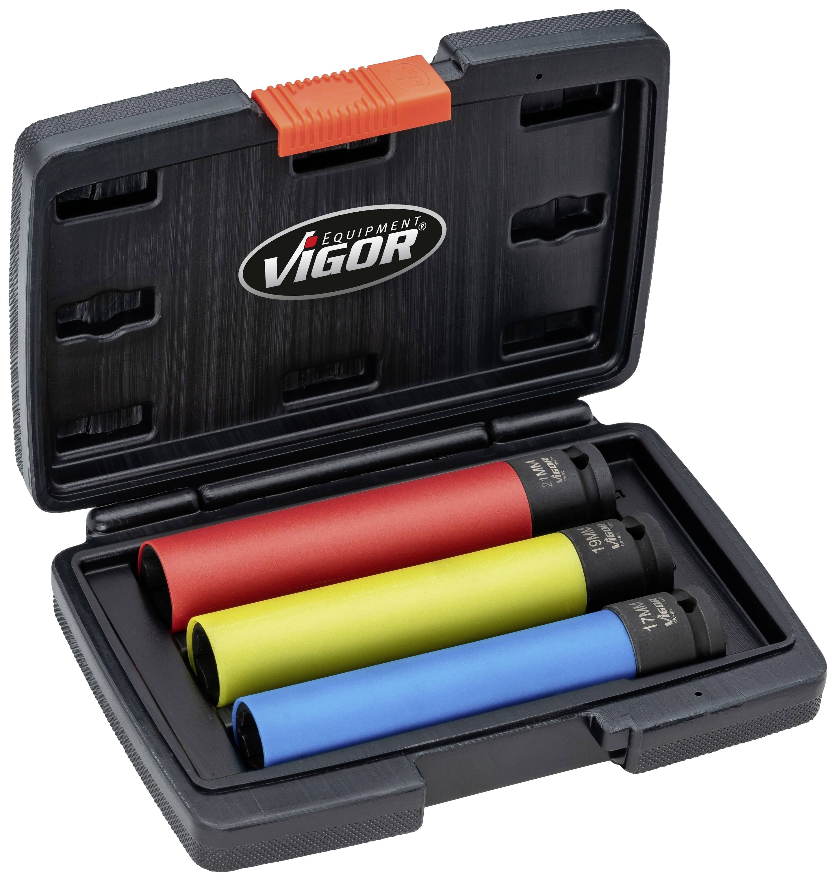 Een open zwarte gereedschapskoffer met drie steekmoeren in verschillende kleuren: rood, geel en blauw. Merknaam 'Vigor' op de koffer.