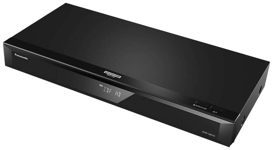 Zwarte Panasonic Blu-ray-speler, model DMP-UB410, gezien van bovenaf. Toont een minimalistisch design met een gladde afwerking.