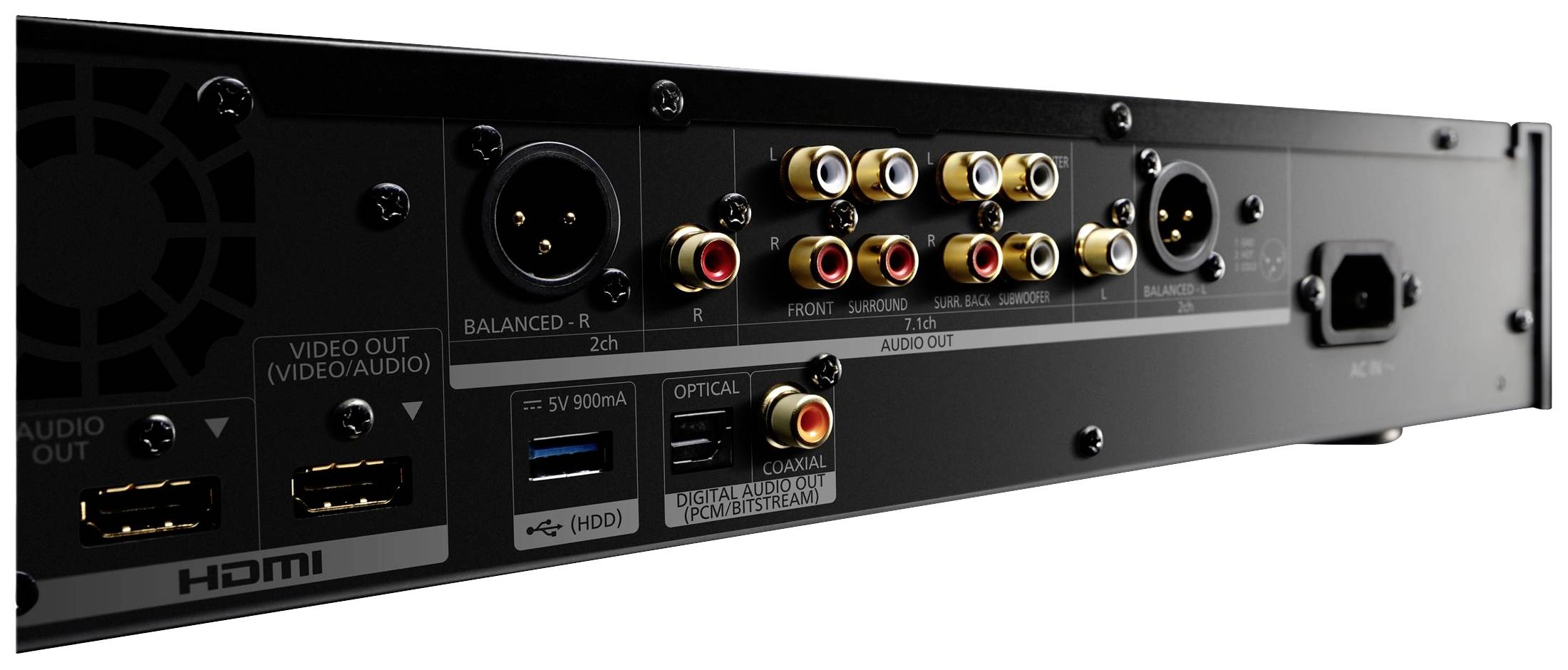 Achterkant van een audio-versterker met meerdere audioaansluitingen, inclusief HDMI-, optische en analoge aansluitingen; toont de beschikbare aansluitingsmogelijkheden.