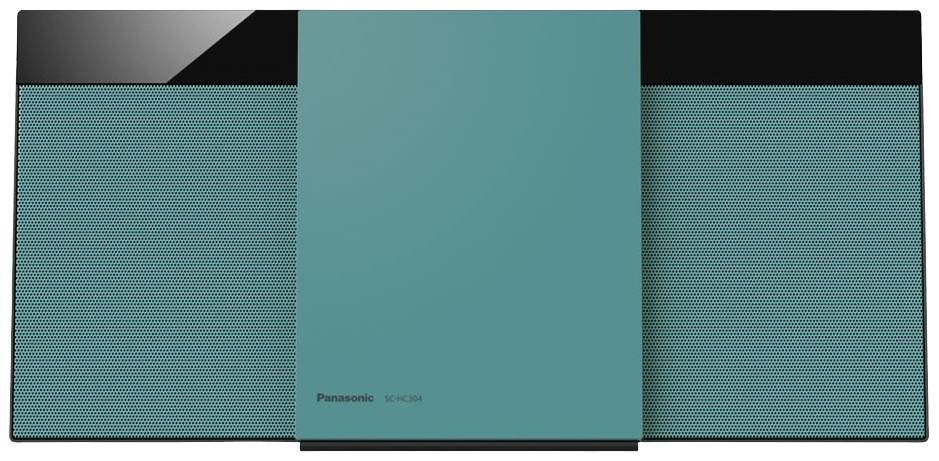 Een modern, turquoise Panasonic audiosysteem met twee luidsprekers en een centraal bedieningspaneel.