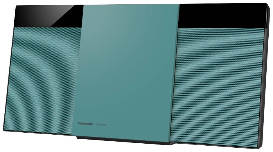 Compacte, moderne HiFi-installatie met twee zijdelingse luidsprekers en een centraal bedieningselement in turquoise en zwart.