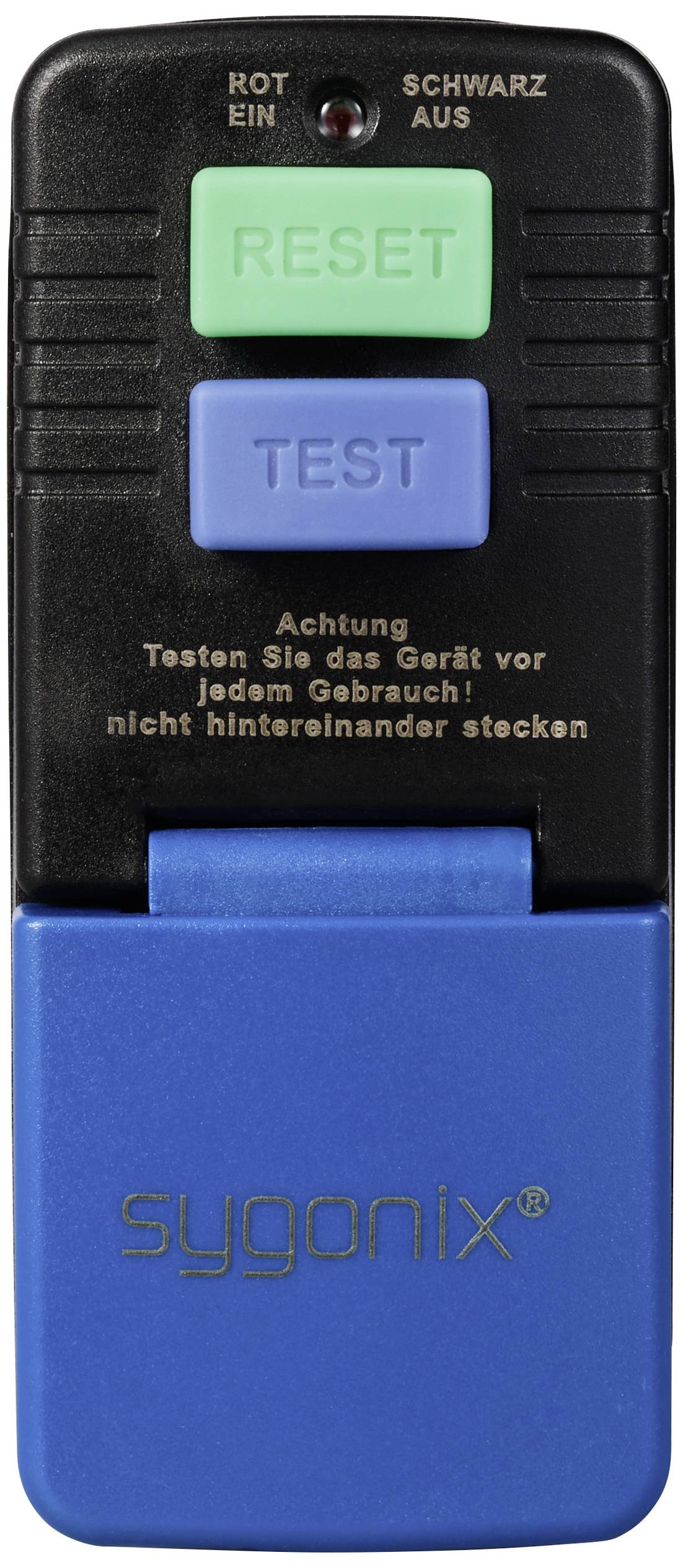 Zwart-blauwe stopcontacttester met groene 'Reset'-toets en blauwe 'Test'-toets, gebruikswaarschuwing. 'Sygonix' merk.