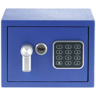 Blauwe kluis met digitaal codeslot en zilveren hefboomgreep. Geschikt voor het veilig opbergen van waardevolle spullen.
