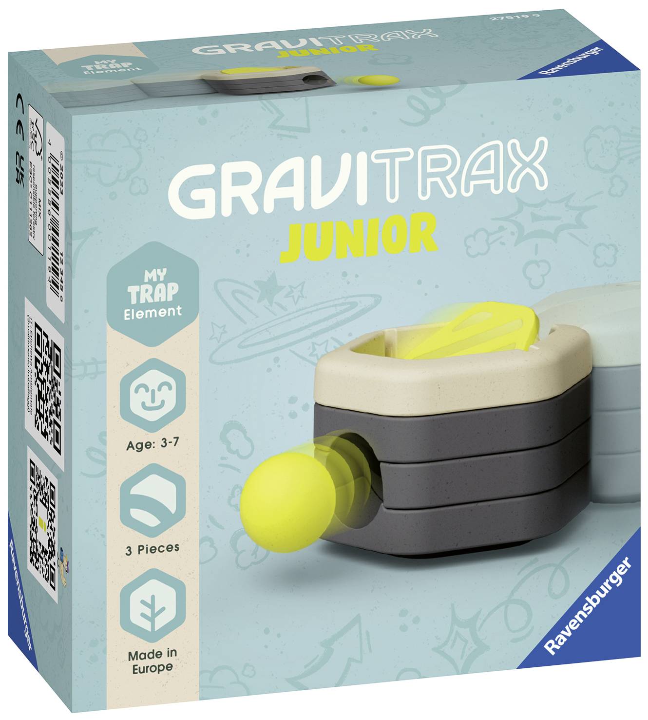 Een verpakking toont het product 'Gravitrax Junior'. Inbegrepen is een 'My Trap Element' voor kinderen van 3 tot 7 jaar, bestaande uit 3 onderdelen. Vervaardigd in Europa.