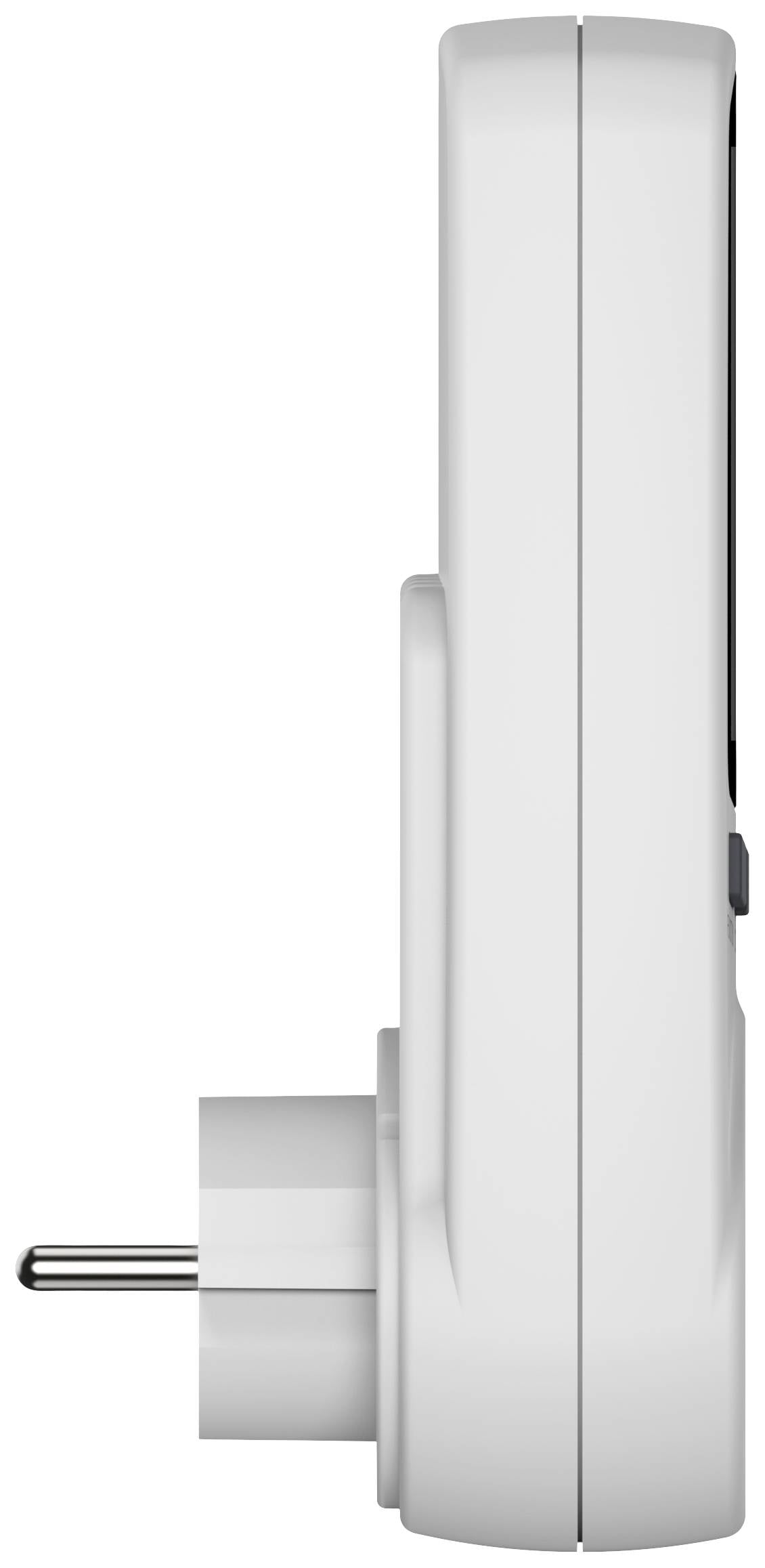 Zijaanzicht van een wit elektrisch apparaat met stekker, geschikt voor wandmontage.