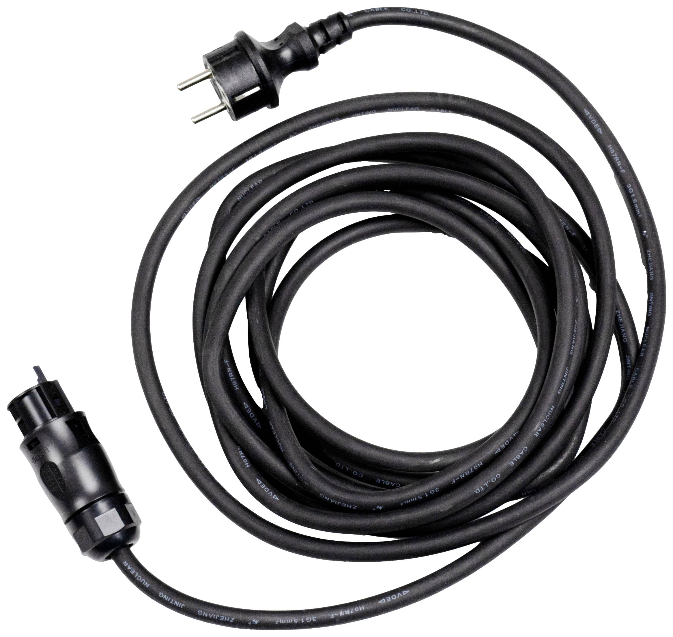 Een lang zwart kabel met een Europese stekker en een aansluiting aan de uiteinden, geschikt voor elektrische verbindingen.