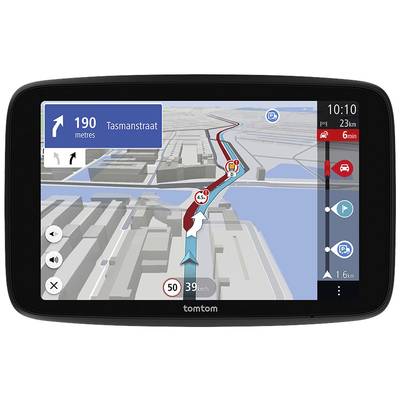 Navigatiesysteem met 3D-kaartweergave toont route naar 'Tasmanstraat', rijbaanaanwijzingen, snelheidslimiet en verkeer.