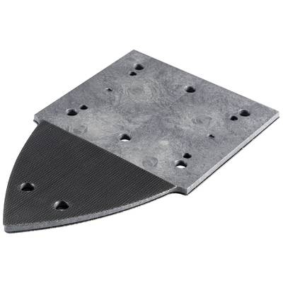 Een zwarte, platte metalen plaat met meerdere boringen, gebruikt voor bevestigingsdoeleinden of machinemontage.