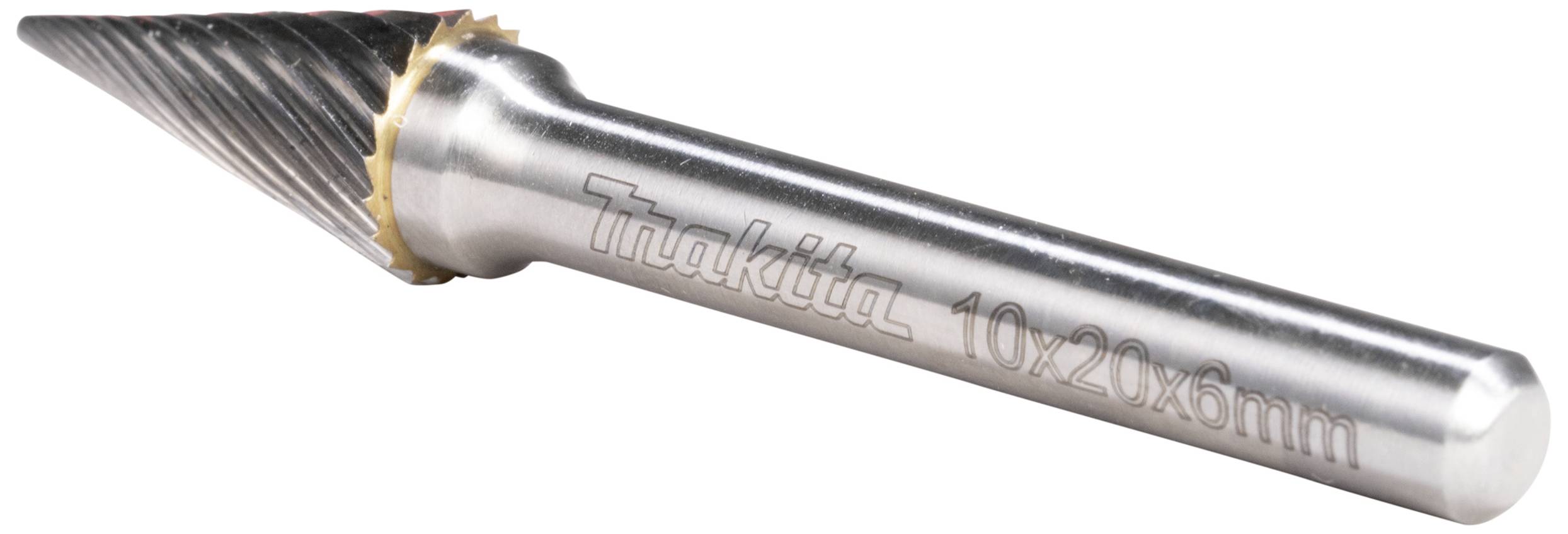Een cilindrische frees met een conische kop en snijdende tanden, vervaardigd uit metaal. Op de schacht staat 'Trakrita 10/20x6mm'.