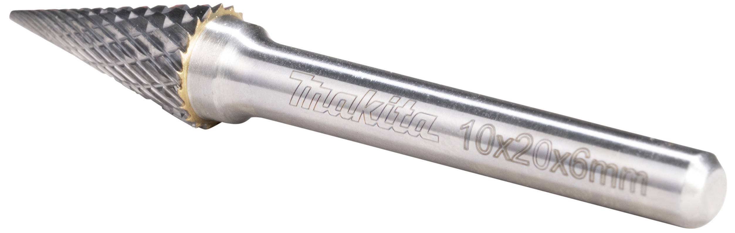 Een conische metalen freesdoorn met een gestructureerde punt en een gladde schacht. Opschrift: '10x20x6mm'. Ontwikkeld voor precisieslijpen.