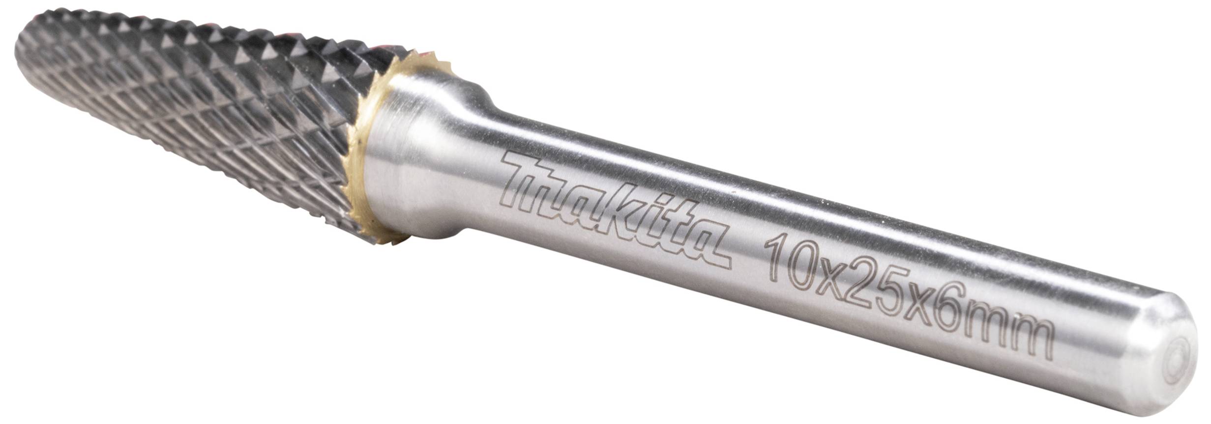 Een cilindrische metalen frees met spiraalvormige tanden en een opschrift 'makita 10x25x6mm' op de steel.