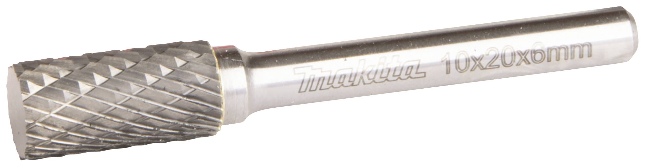 Carbide frees met cilindrische kop, geschikt voor het slijpen van metaaloppervlakken. Op de schacht staat 'Makita 10x20x6 mm'.