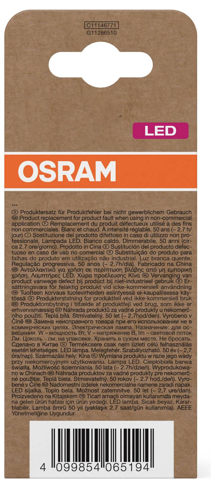 OSRAM LED-productervaring in bruin en oranje verpakking, met barcode en dicht meertalige productinformatietekst.