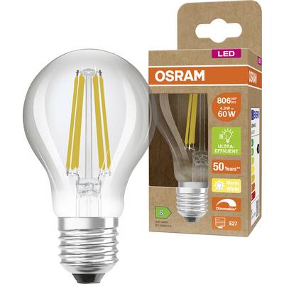 OSRAM LED-gloeilamp met helder glas en verpakking, gelabeld 4,3W 60W equivalent, warm wit, dimbaar, E27.