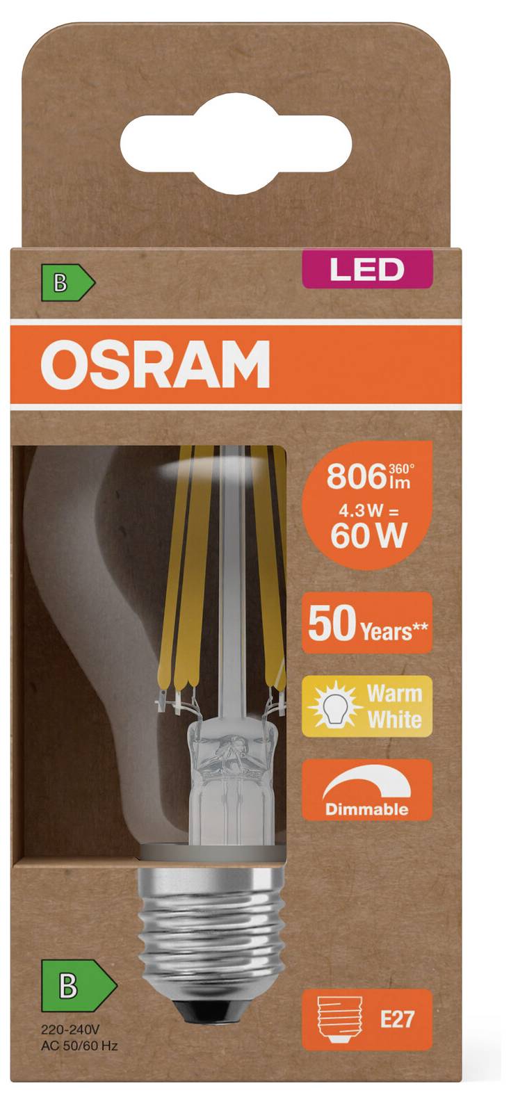 OSRAM LED-gloeilamp verpakking met een E27 dimbare warm witte lamp, 4,3W gelijkwaardig aan 60W, 806 lumen, energieklasse B, 50 jaar.