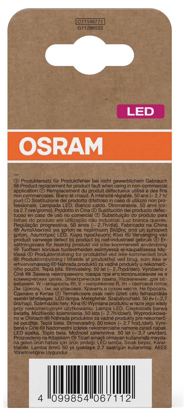 OSRAM LED-productverpakking op een bruine kartonnen hangtag met oranje branding, kleine productinformatietekst en een streepjescode aan de onderkant.