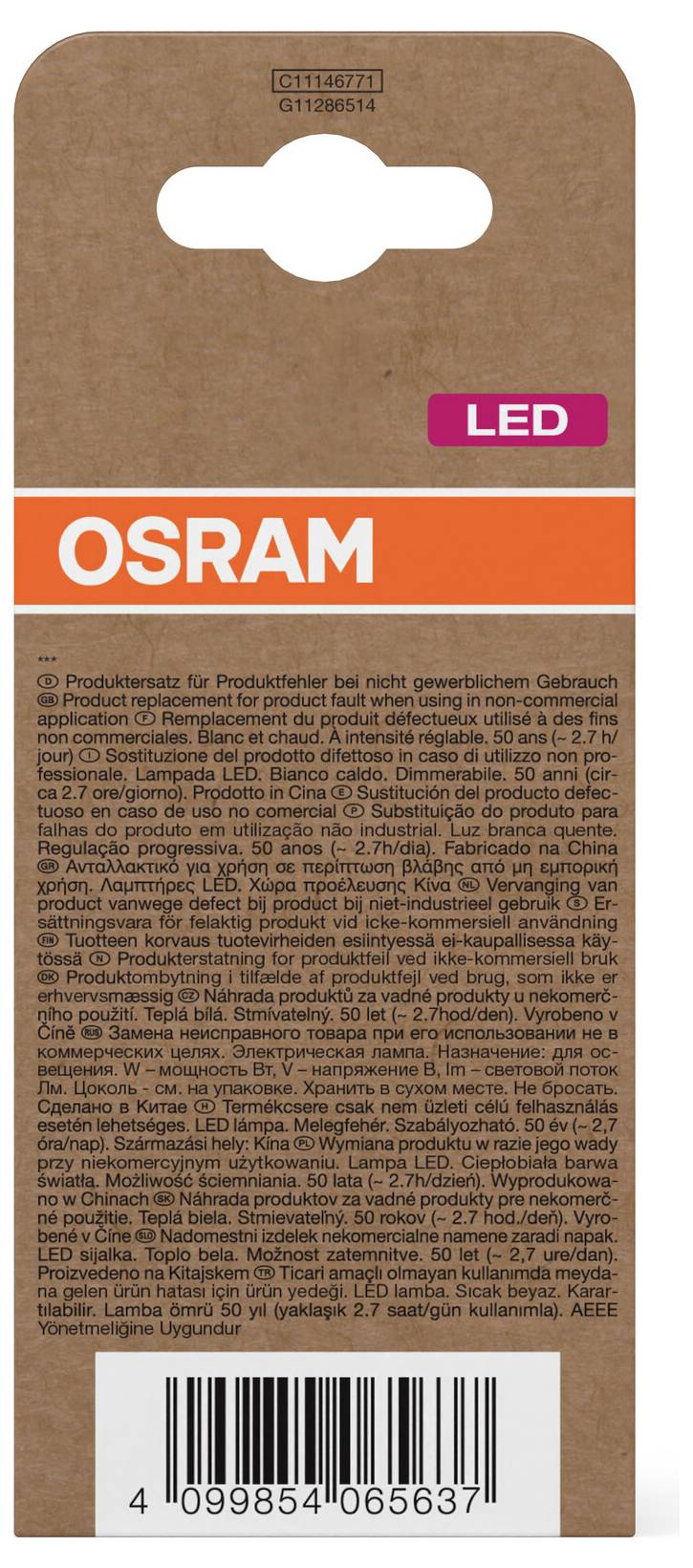 OSRAM LED-productpakket met oranje branding, bruine kartonen achtergrond, meertalige productinformatie en barcode onderaan.