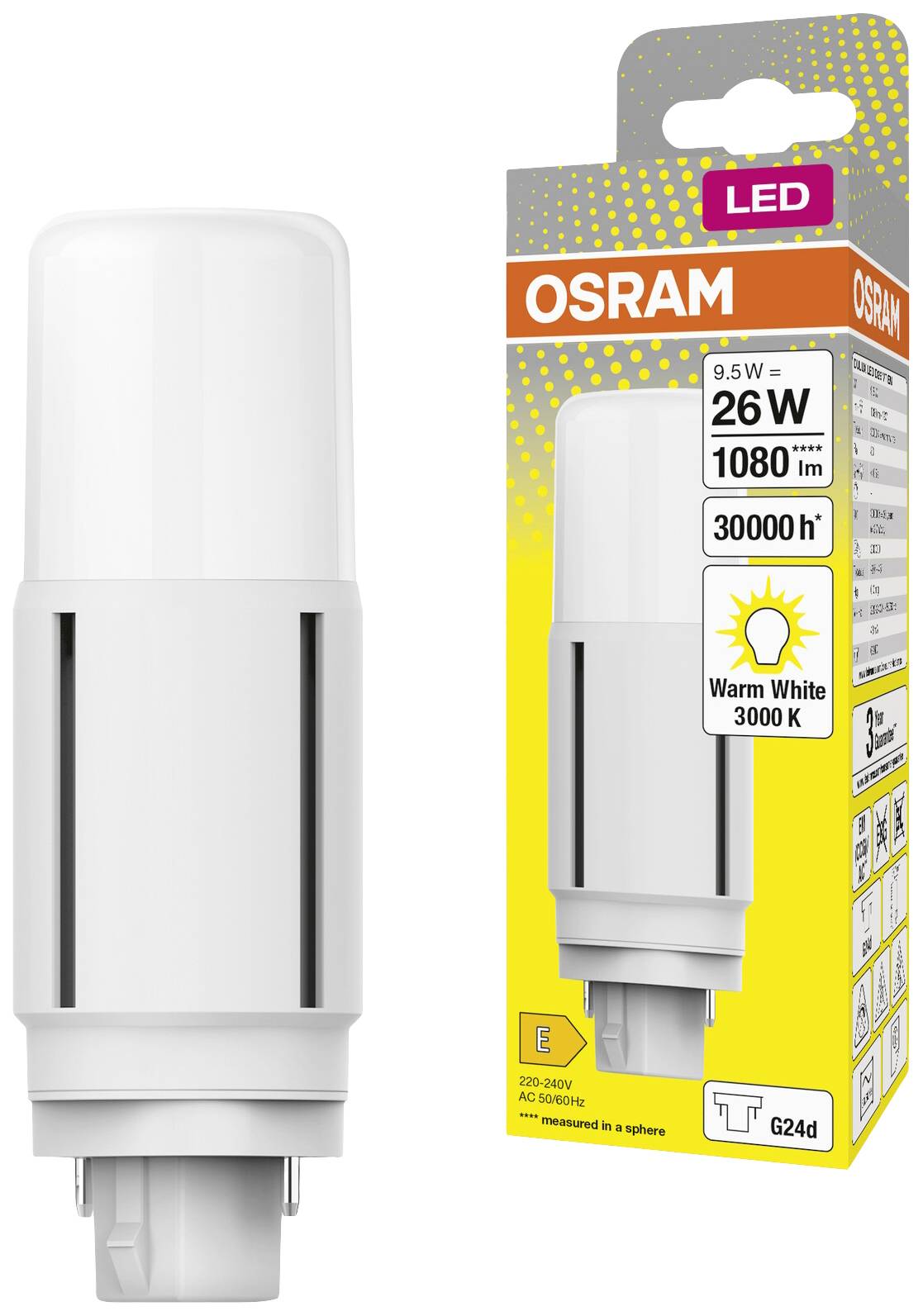 Een Osram LED-lamp van 26W ter vervanging van 105W, 1080 lumen, 3000 Kelvin, warmwit licht. Verpakking toont lampontwerp en details.