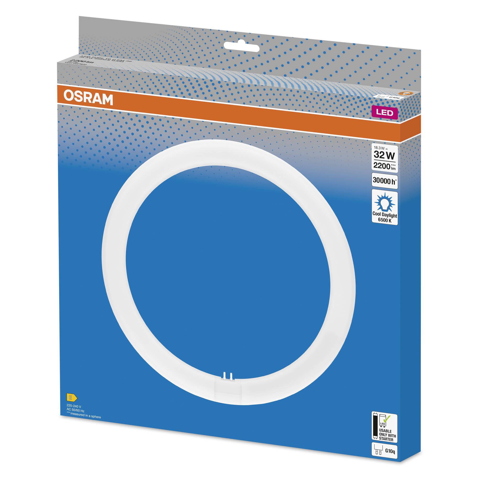 'OSRAM LED-Ring. 32W, 2200 Lumen, 3000K. Verpakking toont productfoto en specificaties. Energie-efficiëntieklasse G.'
