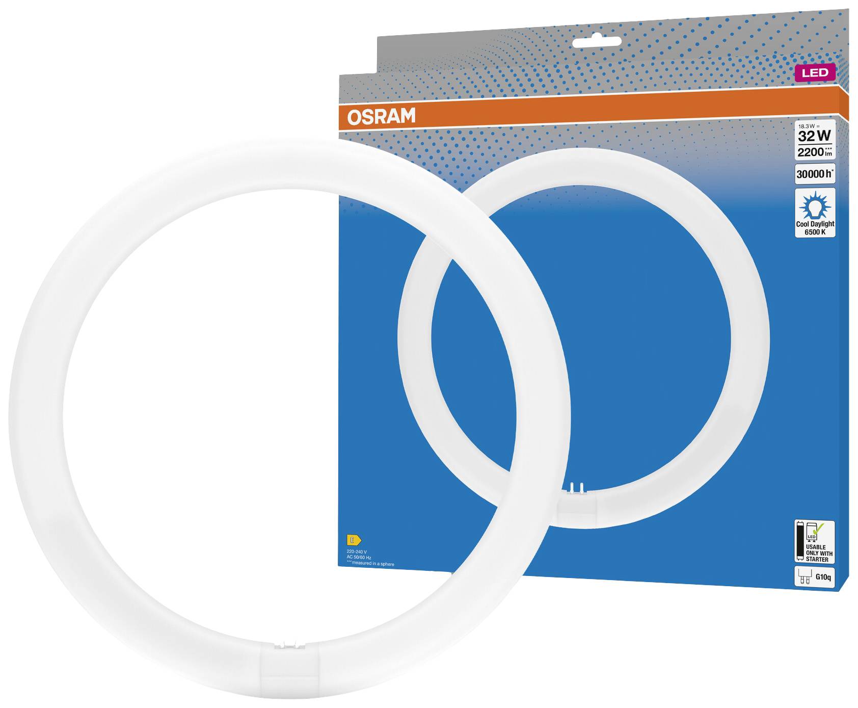 Package of an Osram LED ring lamp, 32 watts, 2200 lumens, 3000K warm white. Circular lamp design against a blue background.