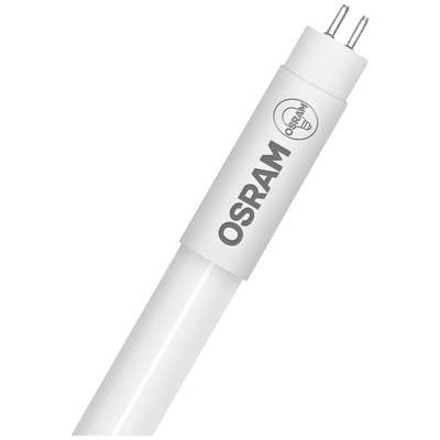 Een witte TL-buis met het opschrift 'OSRAM' en een logo, toont twee metalen pennen aan een uiteinde voor elektrische aansluiting.