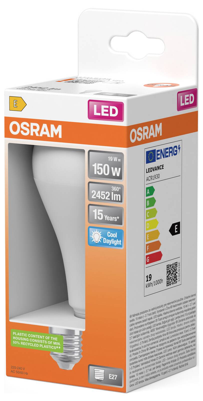 OSRAM LED-gloeilamp retailverpakking, met een gloeilamp equivalent aan 150W met koel daglicht, 2452 lm output, 15 jaar levensduur en energieklasse E.