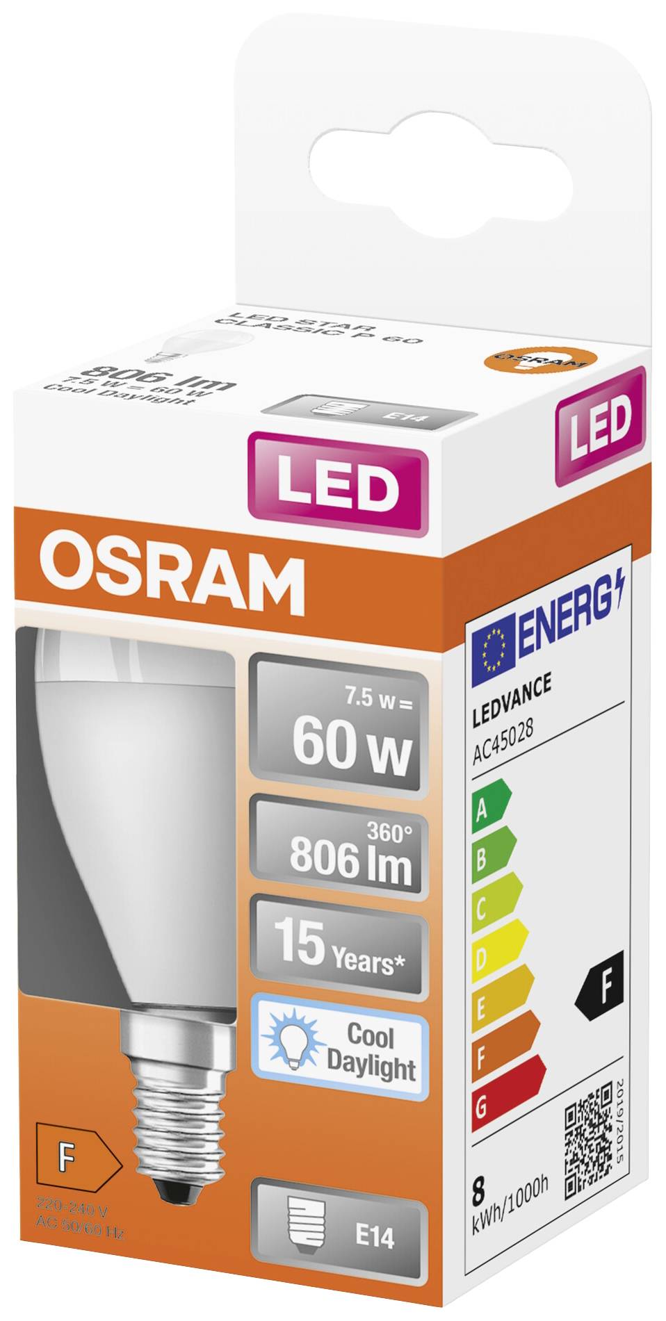 Een LED-lamp van Osram. Details: 7,5W = 60W, 806 Lumen, E14 fitting, levensduur 15 jaar, energielabel F, daglicht wit.