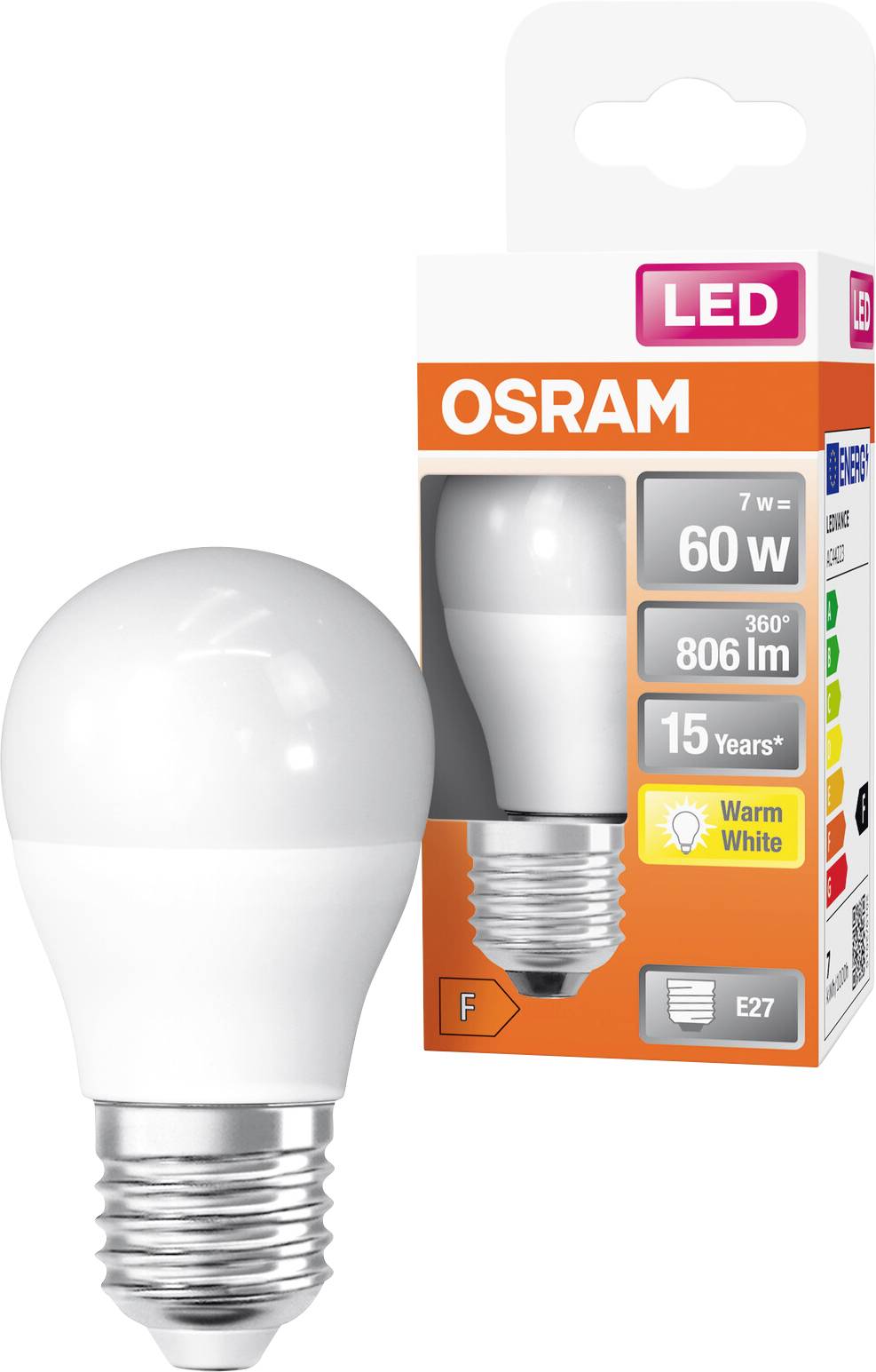 OSRAM LED-lamp en de bijbehorende retailverpakking, gelabeld 7W, gelijkwaardig aan 60W, 806 lm, warm wit, E27, en 15 jaar.