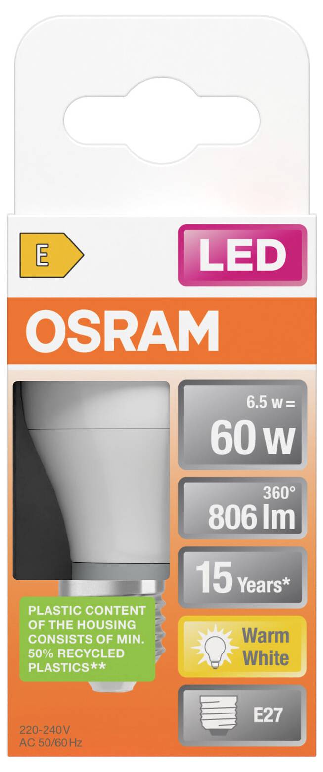 OSRAM LED-gloeilamp verpakking met E27 warm wit gloeilamp, 6,5W equivalent aan 60W, 806 lm, 15 jaar, en opmerking over kunststofinhoud.