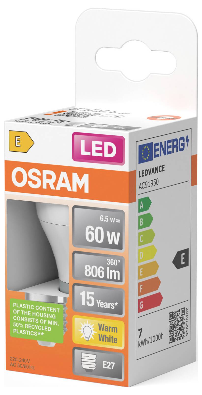 OSRAM LED-gloeilamp doos, gelabeld 6,5W, 60W equivalent, 806 lumen, warm wit, 15 jaar, energieklasse E.