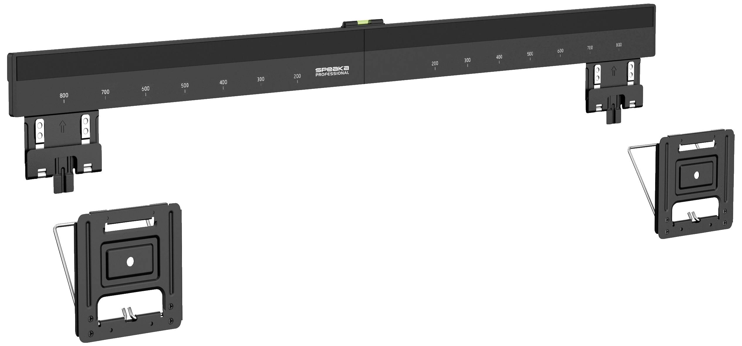 Een zwarte tv-montagestang met centimetermarkeringen en twee afneembare bevestigingen. Ideaal voor wandmontage van televisies.