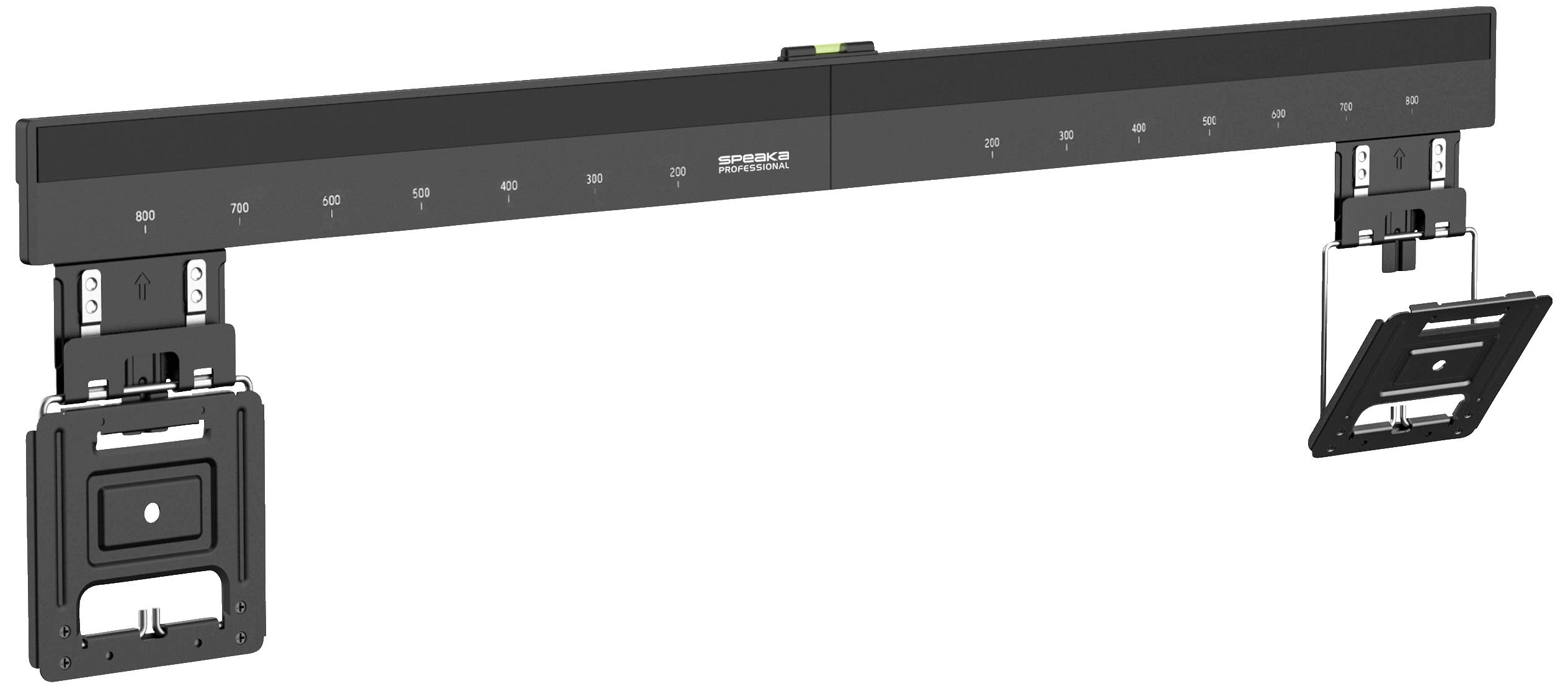 Een zwart cameramontagesysteem met meerdere verstelbare bevestigingen en schalen voor nauwkeurige uitlijning, inclusief een waterpas.