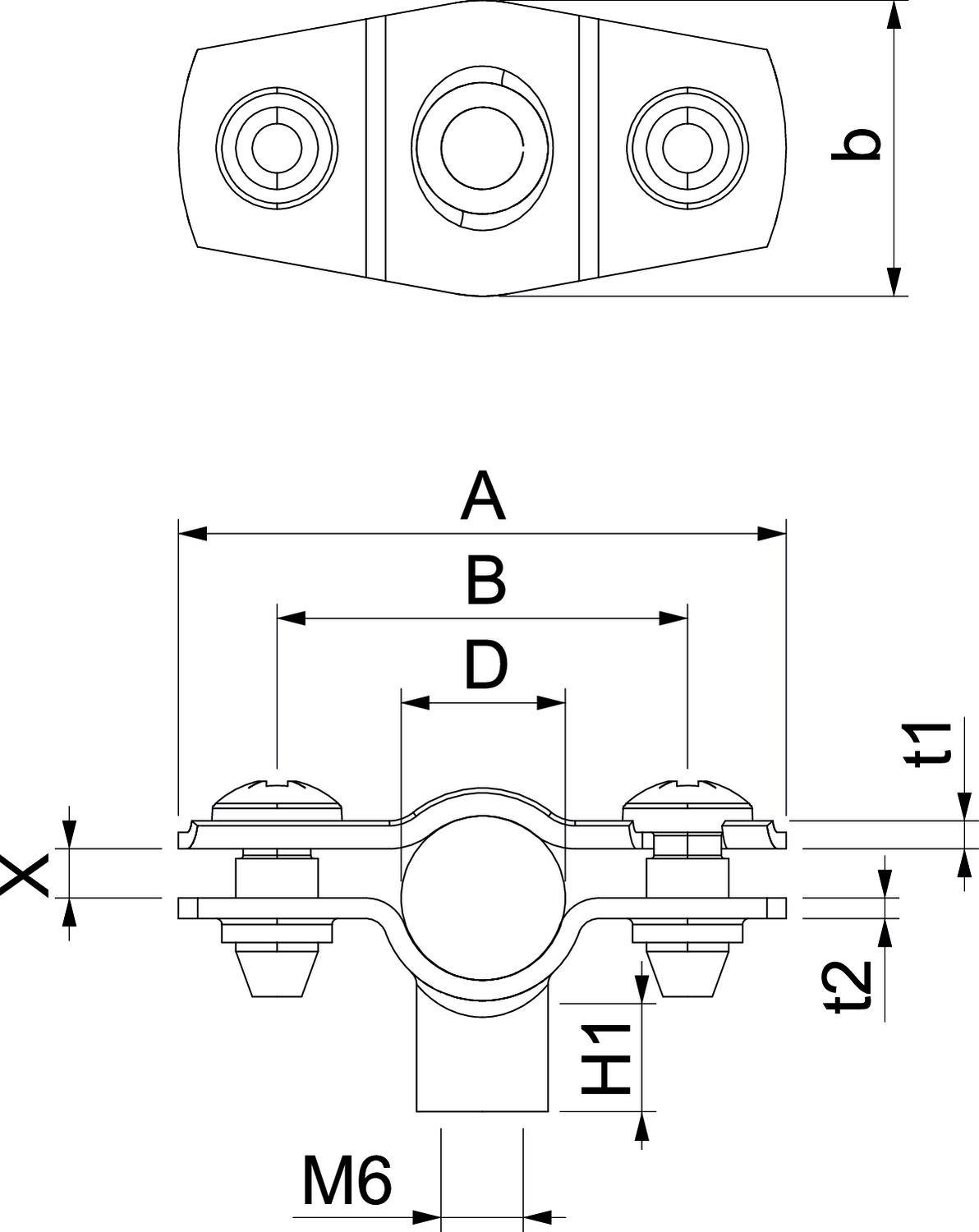 Technische tekening van een buisklem houder met afmetingen. Maatvoering: A, B, D, b, t1, t2, X, H1, schroefdraad M6.
