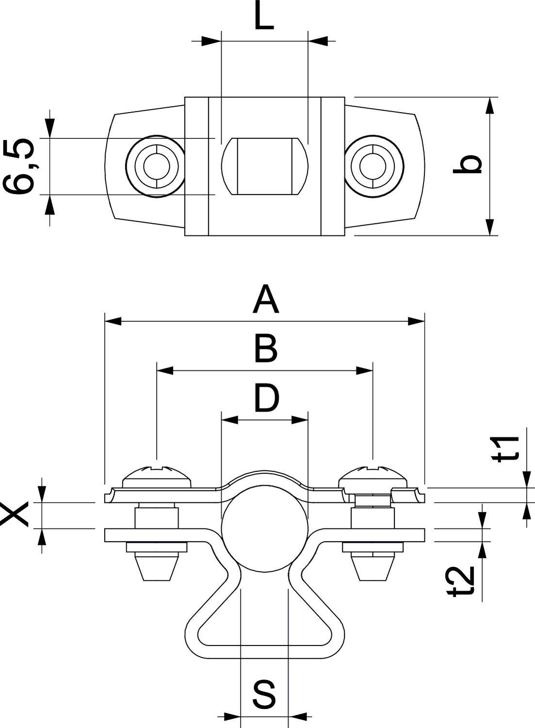 Technische tekening van een kabelklem met maatgegevens: Lengte 'L', breedte 'b', hoogte '6,5', afstand 'A', 'B', 'D', 't1', 't2', 'X', 'S'.
