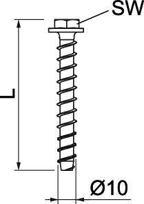 Technische tekening van een schroef met afmetingen: lengte 'L', diameter 'Ø10', en zeskant 'SW'.