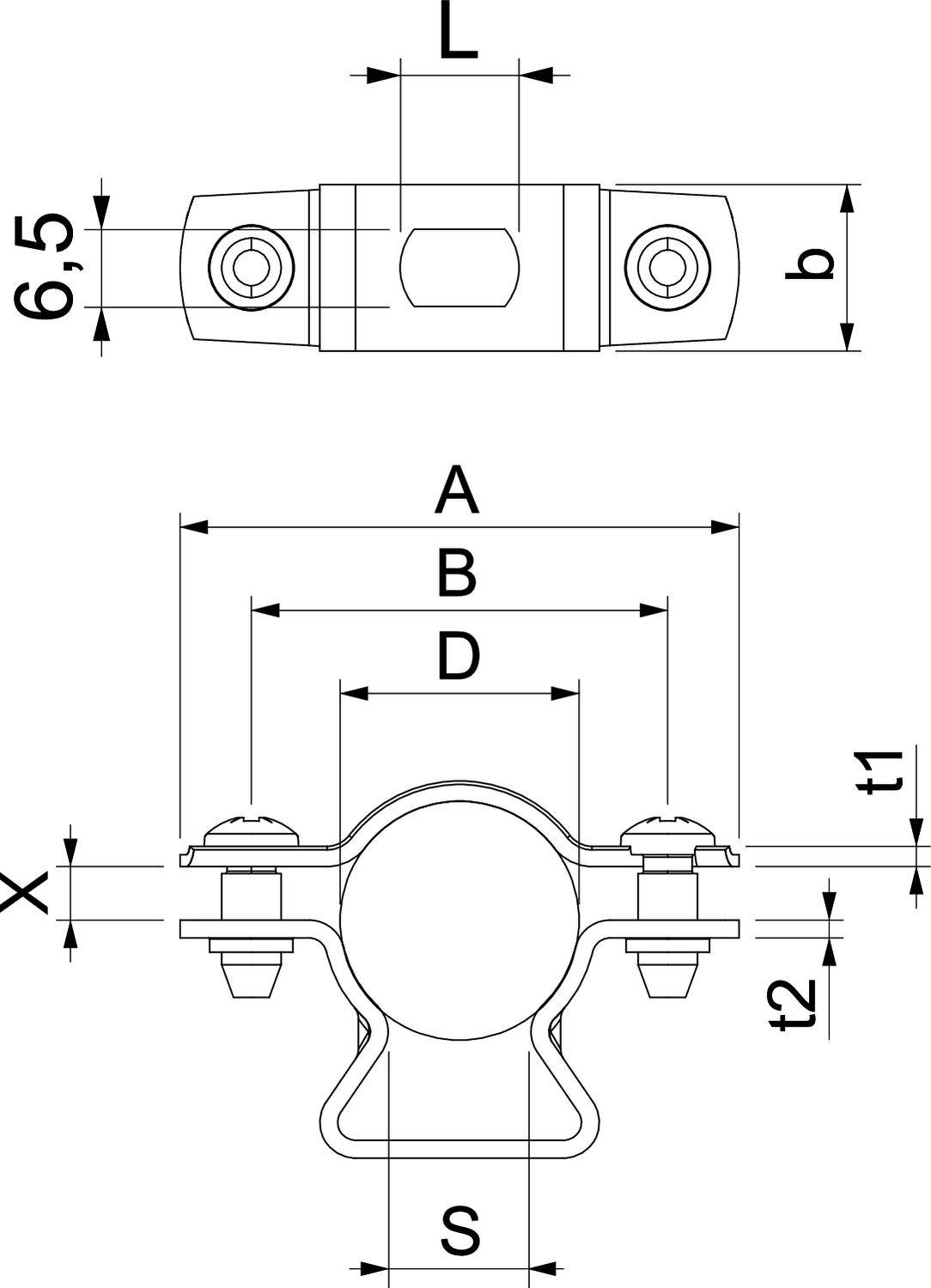 Technische tekening van een buisklem met afmetingen: Boven 'L', 'b', aan de zijkant 't1', 't2', onderaan 'A', 'B', 'D', 'S', zijdelings '6,5'.