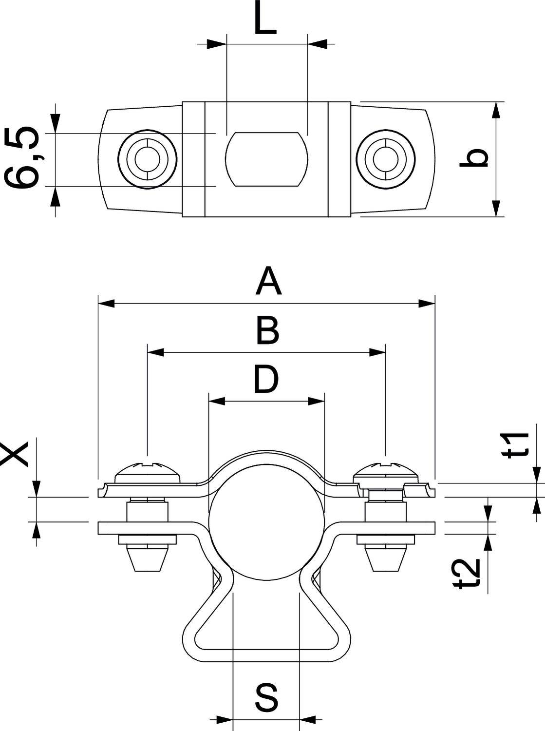Technische tekening van een buisklem met afmetingen: L, b, A, B, D, X, t1, t2, S. Toont vooraanzicht en zijaanzicht met schroefverbindingen.