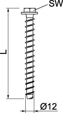 Schroefschets: Toont een gedetailleerde tekening van een metalen spiraalschroef met diameter-aanduiding Ø12 en sleutelwijdte SW.