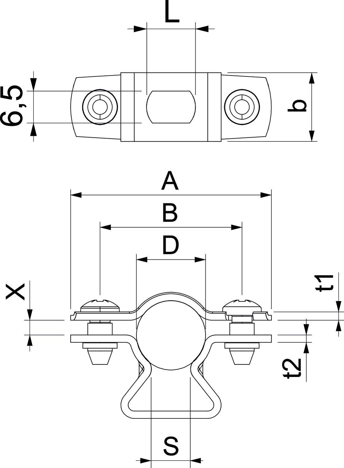 Technische tekening van een buisklembevestigingselement met afmetingen en weergave in twee perspectieven, inclusief schroefgaten.