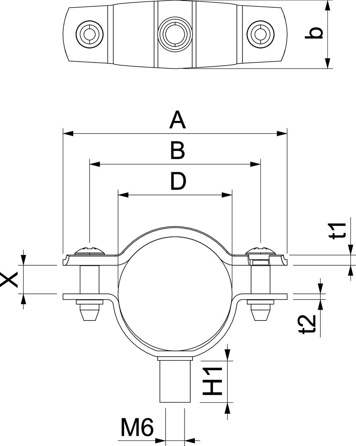 Technische tekening van een buisklem steunSystemeem met afmetingen A, B, D, M6, t1, t2 en H. Toont voor- en zijaanzicht.