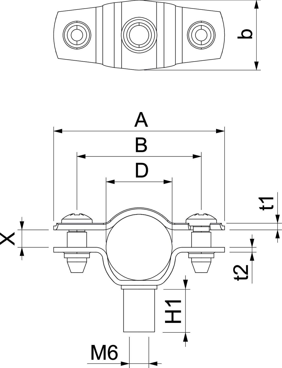Technische tekening: Metalen klem voor bevestiging, boven- en zijaanzicht. Afmetingen: A, B, D, X, b, t1, t2, H1, M6 aangegeven.