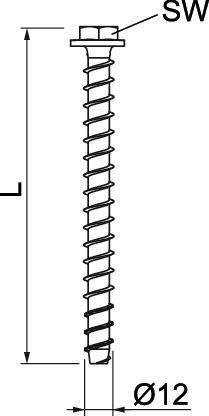 Afbeelding van een schroefdraad in zijaanzicht, met markeringen voor de totale lengte 'L' en de diameter 'Ø12'. Bovenaan is 'SW' gemarkeerd.