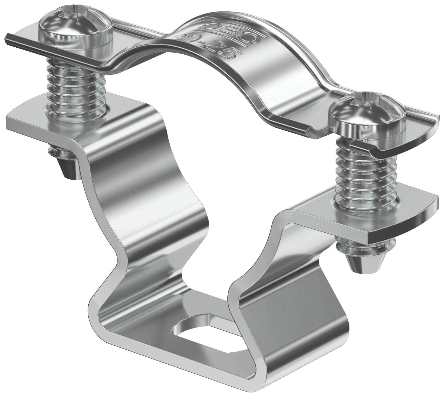 Metalen slangklem met twee schroeven, gebruikt voor het bevestigen van slangen of buizen. Robuust en duurzaam.