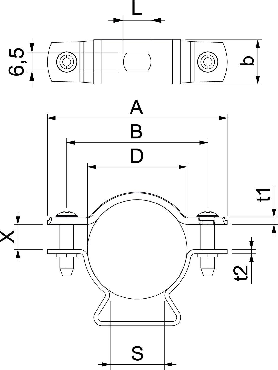 Technische tekening van een buisklem met afmetingen: L, b, A, B, D, X, t1, t2, S. Bovenaanzicht en vooraanzicht.