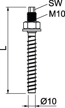 Technische tekening van een schroef met de aanduiding 'M10' en 'SW'. Afmetingen zijn aangegeven met diameter ø10 en lengte L.