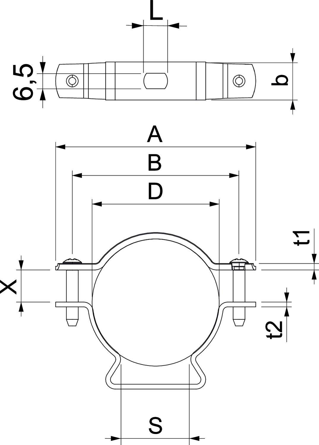 Technische tekening van een buisklem met maateenheden. De tekening toont een bovenaanzicht en zijaanzicht met afmetingen A, B, D, L, b, t1, t2, X, S.
