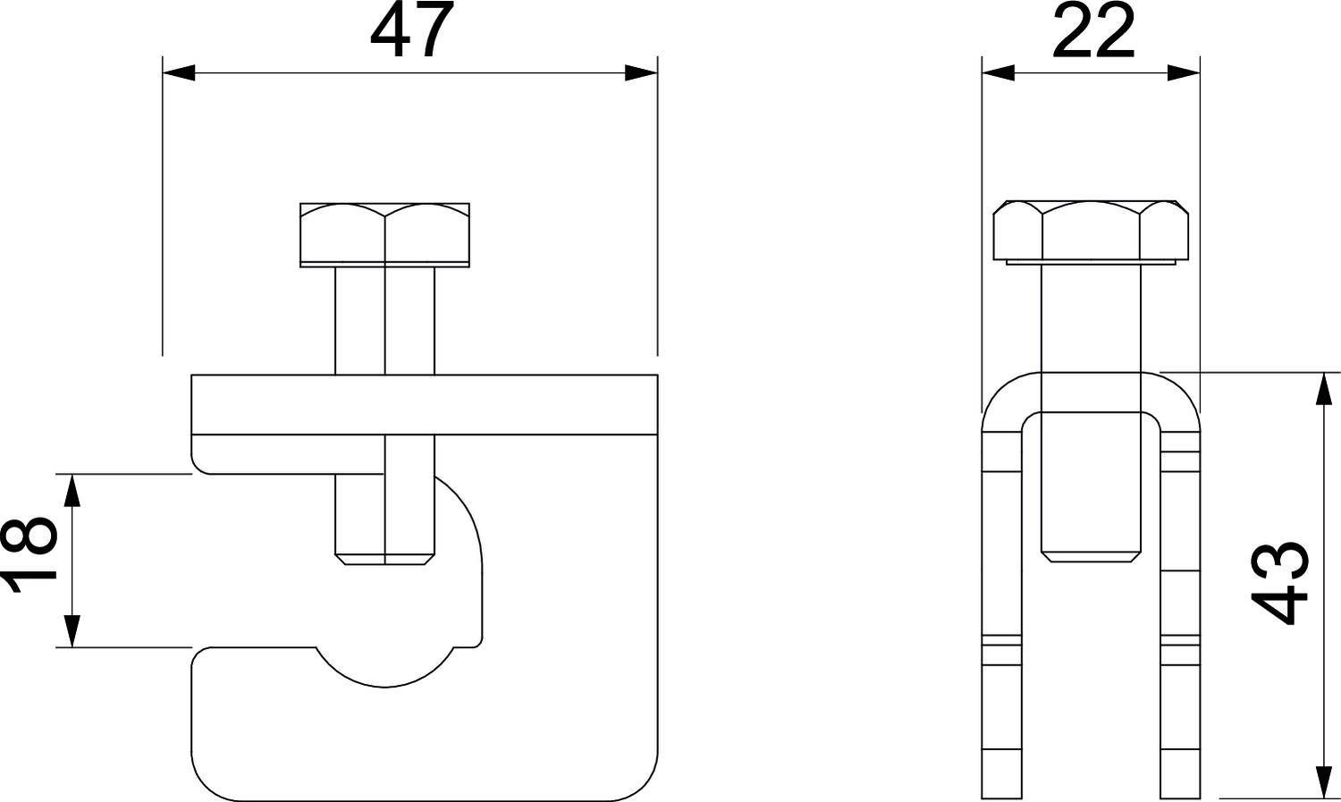 Technische tekening van een schroefklem met afmetingen: Breedte 47, Hoogte 18, Diepte 22, Totale hoogte 43. Bevat schroefdetails.