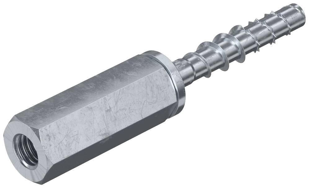 Metalen plug met zeskante kop en gegolfd schacht. Wordt gebruikt in bouw- en bevestigingstoepassingen.